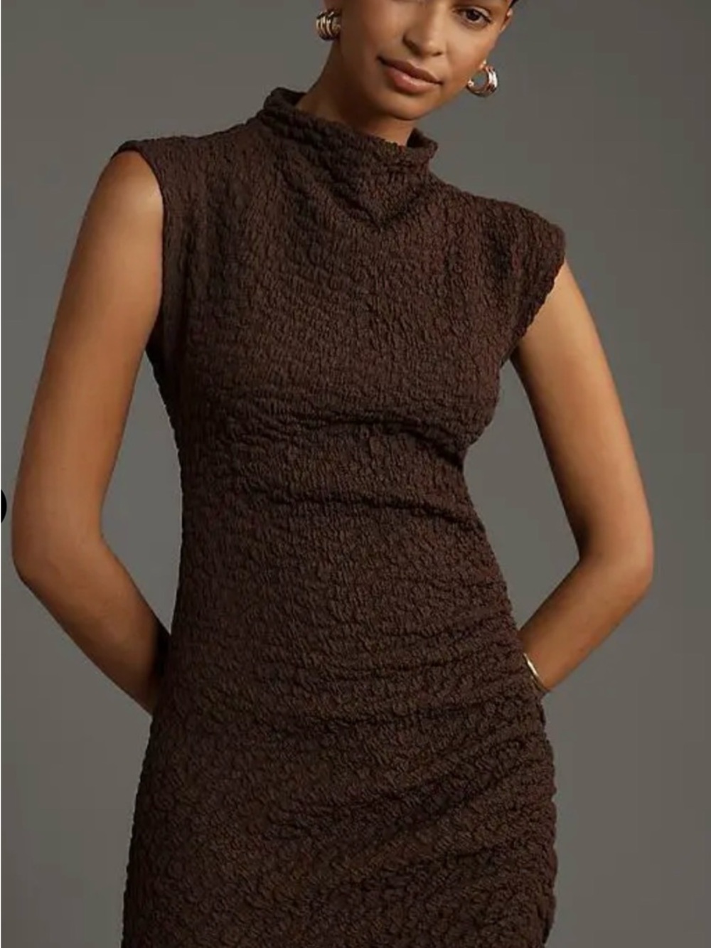 NWT $148 Anthropologie The Maya Ruched Cowl-Neck Textured Dress -
Brown - Picture 2 of 5